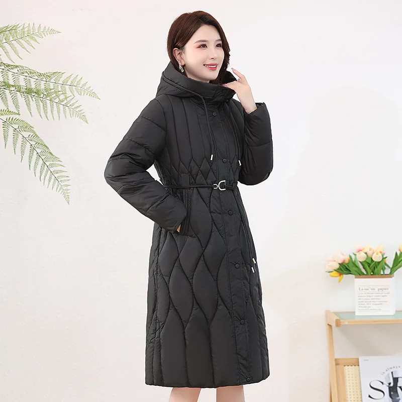 Women Long Parkas Coats Hooded Overcoat Solid Drawstring Waist Zipper Loose Fit Thick Office Lady Casual 2025 Autumn Winter