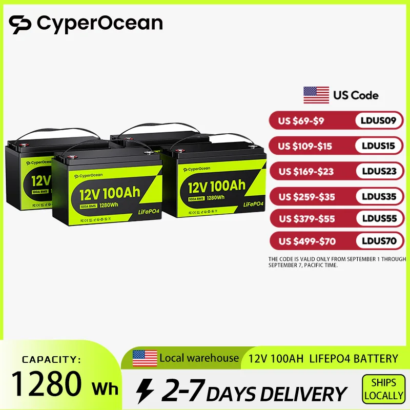 CyperOcean 12V 100Ah LiFePO4 Lithium Iron Phosphate Battery 4 Packs  Built-in 100A BMS For Backup Power Home Energy Storage,5-Year Warranty