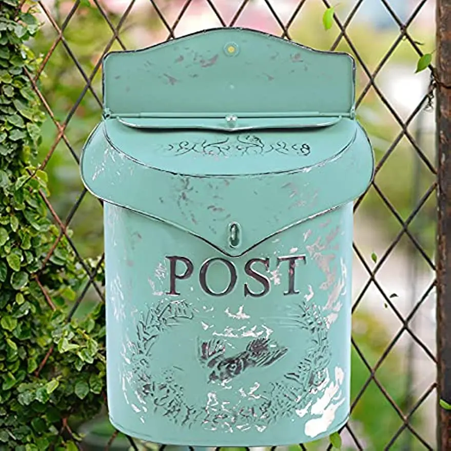 

Inspired Shabby Post Mailbox Wall Mounted Design Large Iron Decorative Post Mail Box Green, 15.55 x 10.8 x 3.5 inches