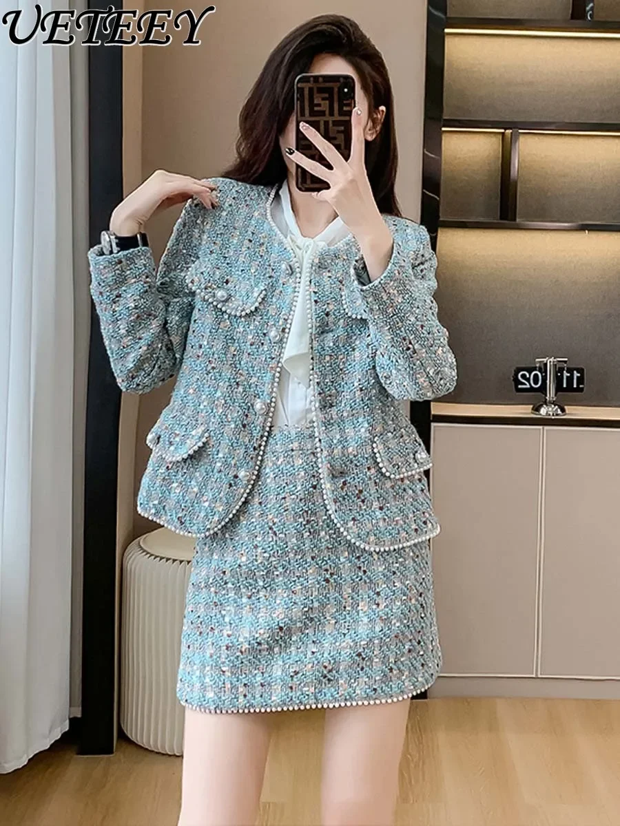 

Elegant Woolen Suit Women 2023 Autumn and Winter New Socialite Tweed Beaded Jacket High Waist Slim Fit Mini Skirt Two-Piece Set