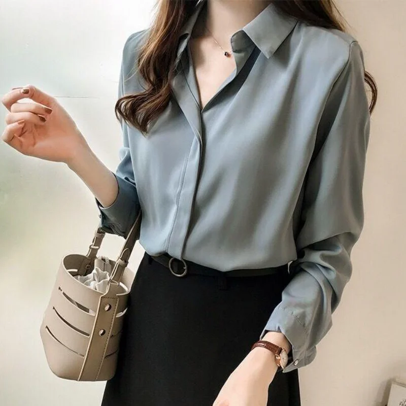 

Женская блузка Весна-Лето 2026, офисная блузка в корейском стиле, элегантная однотонная рубашка с длинным рукавом, простая модная рубашка оверсайз