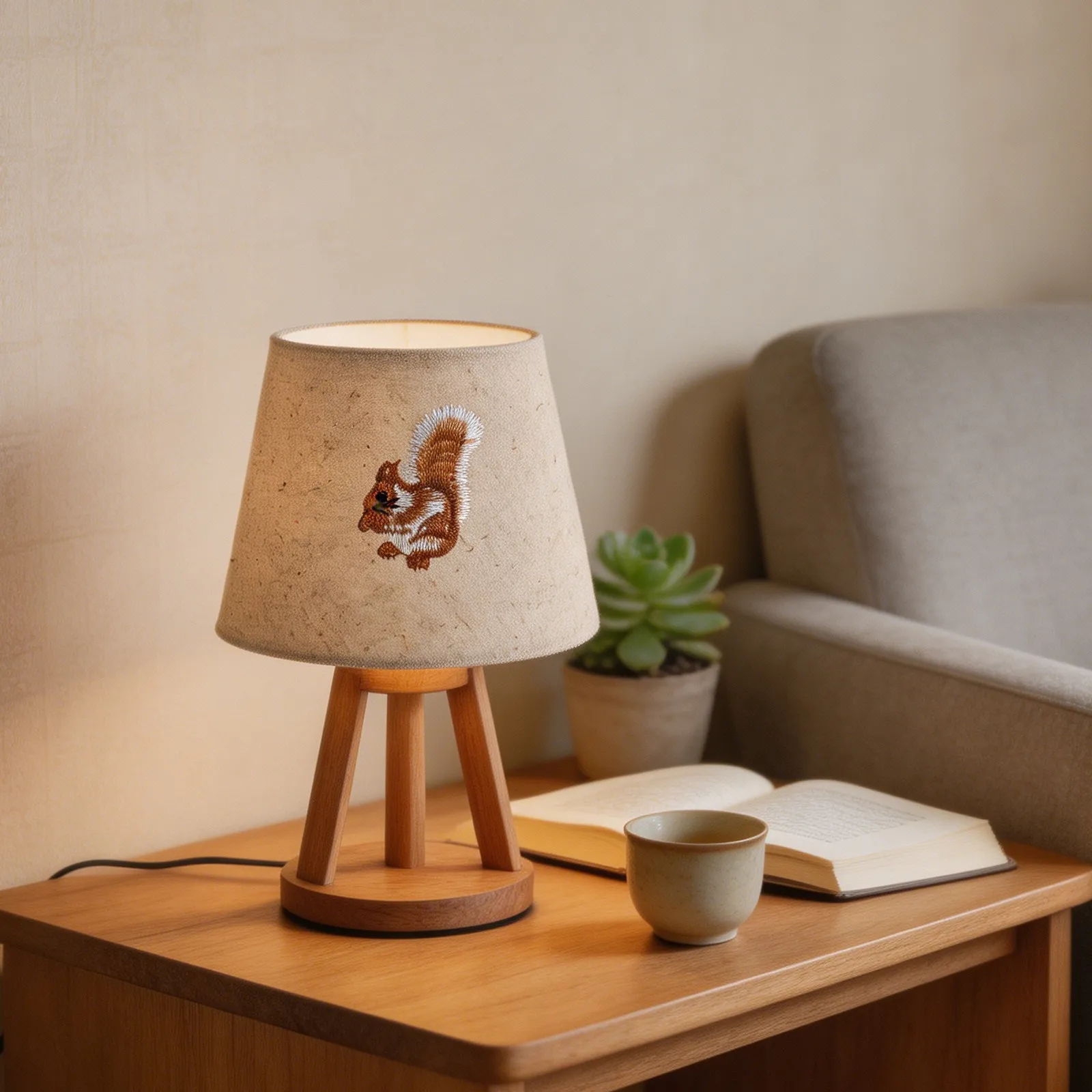 Linen Embroidered Lampshade Drum Lamp Shade Squirrel Embroidery E27 E14 Lamp Cover Fabric Light Shade Bedroom Living Room