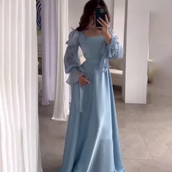 Sky Blue Women Evening Dresses Long Sleeve Silk Satin A Line Formal Prom Dress Floor Length Evening Party Gowns with Belt