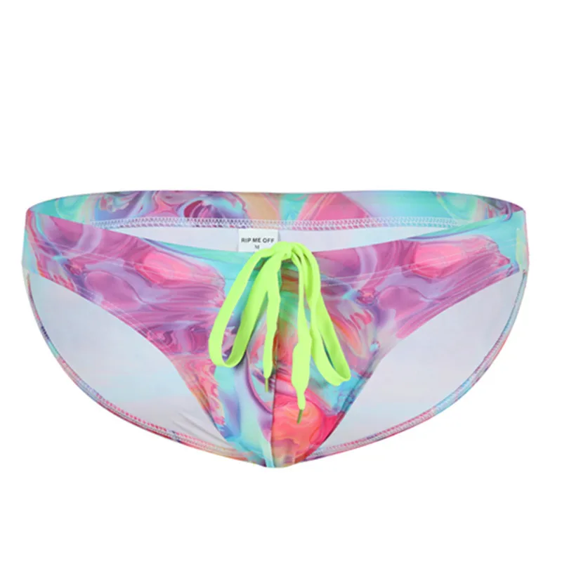 Men's Printed Swim Briefs, Sexy Drawstring U-Pouch, Double-Layer Anti-Embarrassment High Elastic Breathable Swimwear Swimsutis