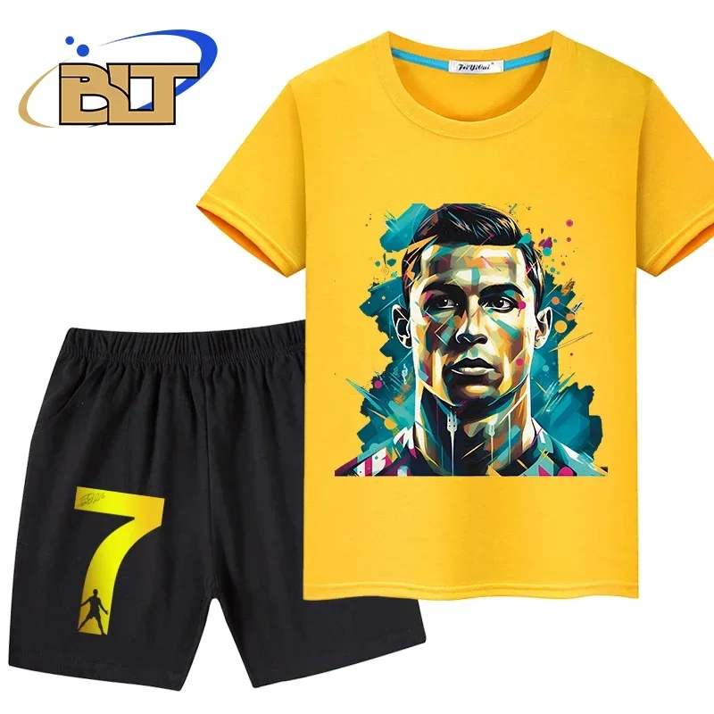 Ronaldo head print children's clothing summer kids T-shirt set pure cotton short-sleeved shorts 2-piece set boys and girls gifts