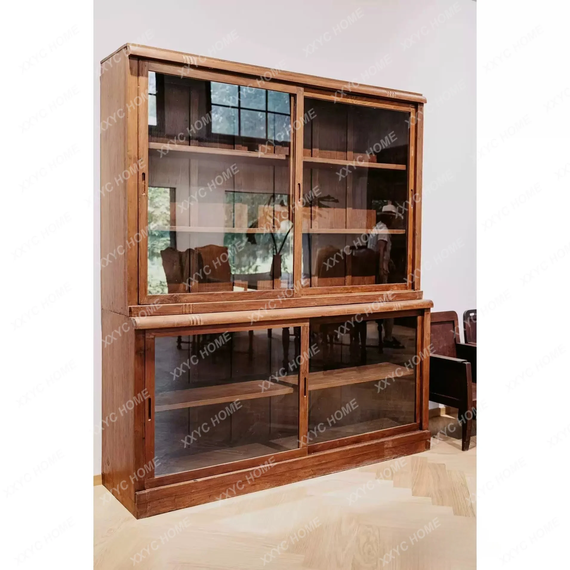 Vintage side cabinet sliding door storage display South French antique decorative dishes