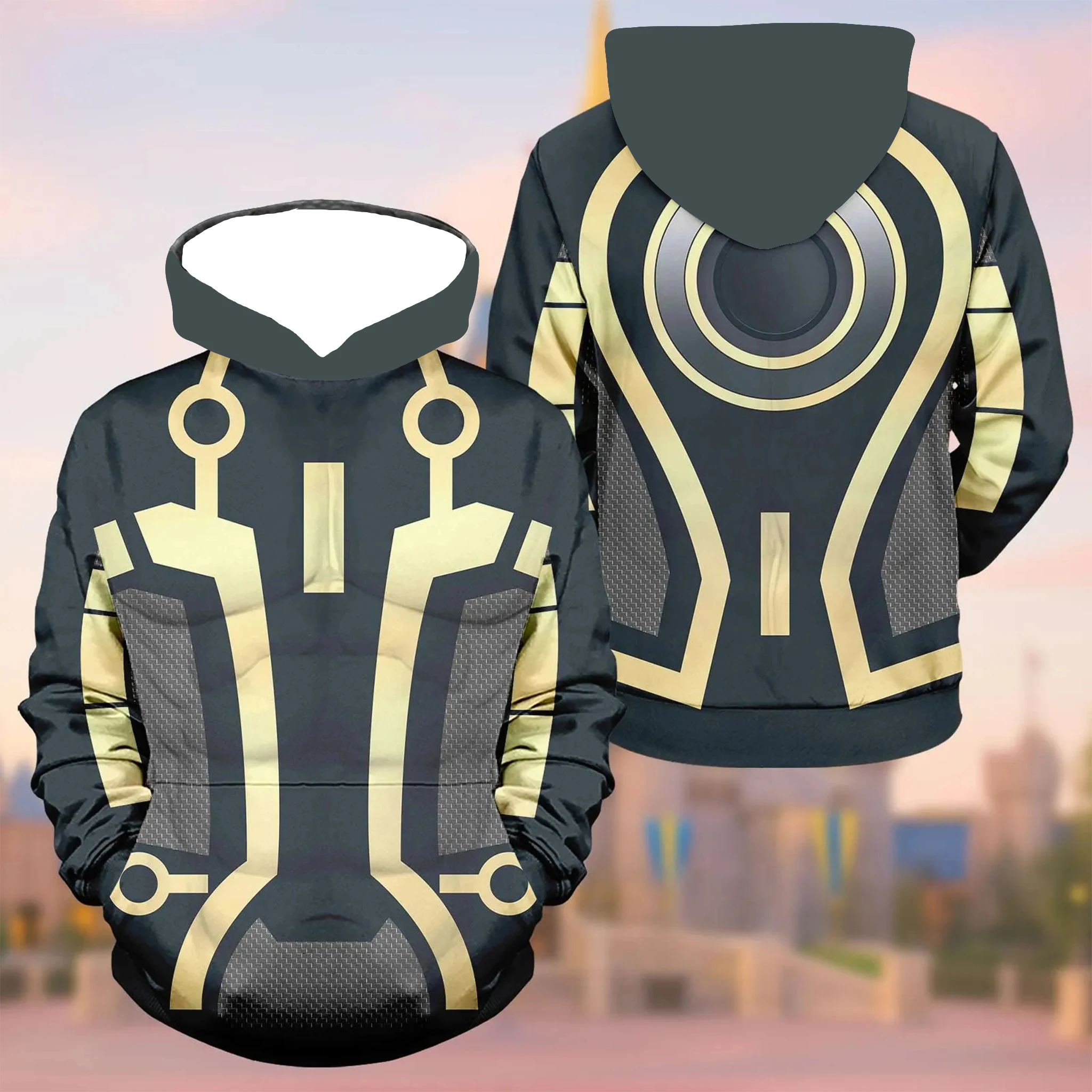 سترة بغطاء للرأس مطبوعة TRON للرجال على الموضة، سويت شيرت بنمط دائرة صفراء جديدة لخريف وشتاء، طراز متعدد الاستخدامات