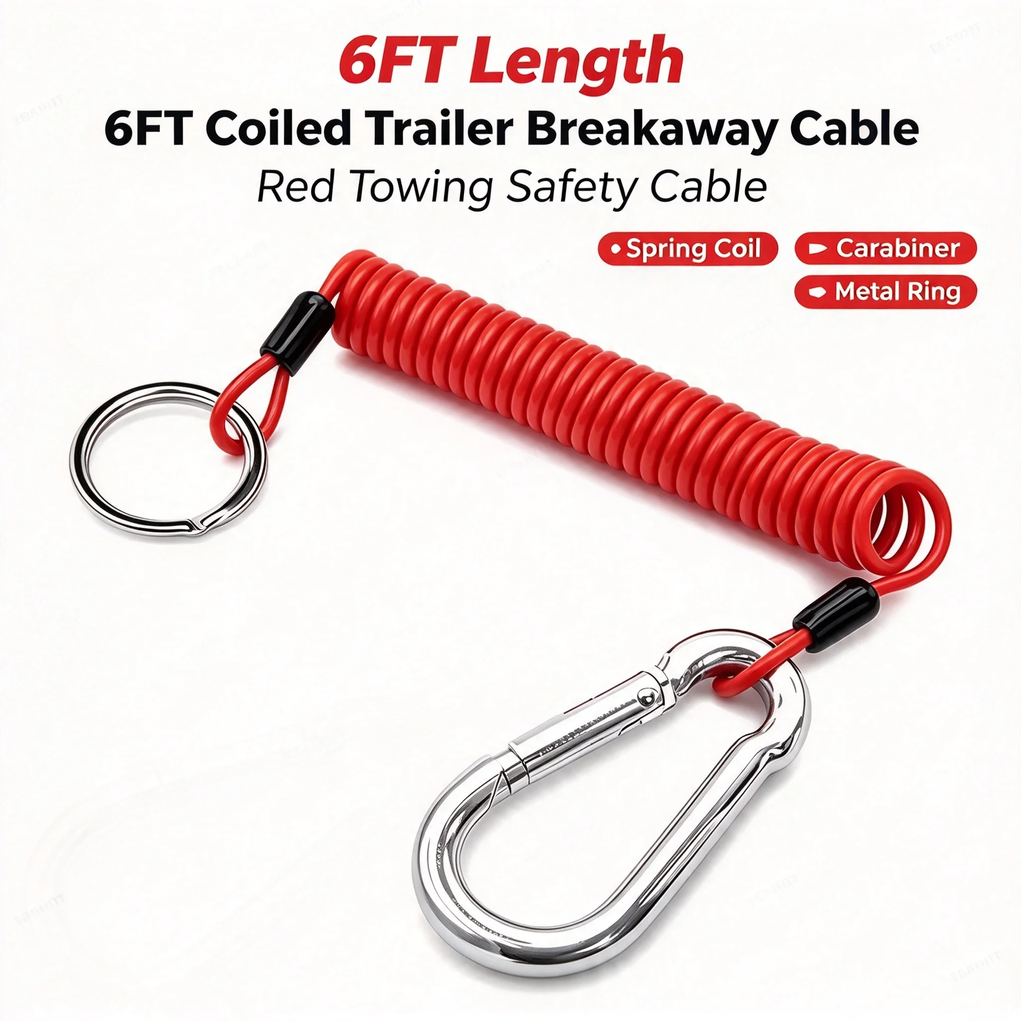 Universal 6FT Coiled Design Breakaway Trailer Cable Easy Install High Quality Red Towing Safety for Towing Vehicles