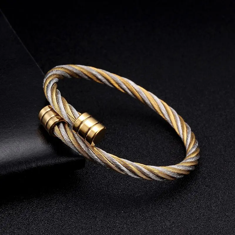 Luxury Stainless Steel Braided Open Men Women Charm Cuff Bracelets Set Trendy Chain Link Sporty Wrap Bracelets Bangles