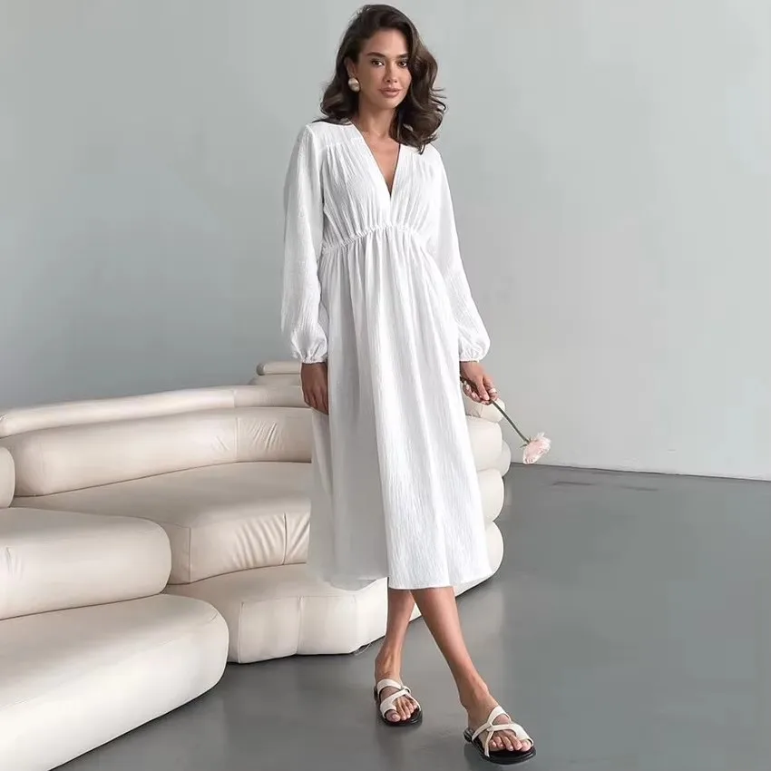 Elegant 100% Cotton Dress Long Sleeve V-Neck High Waist Evening Party Dress Women Robe Mori Girl White Midi Dresses Mori Look