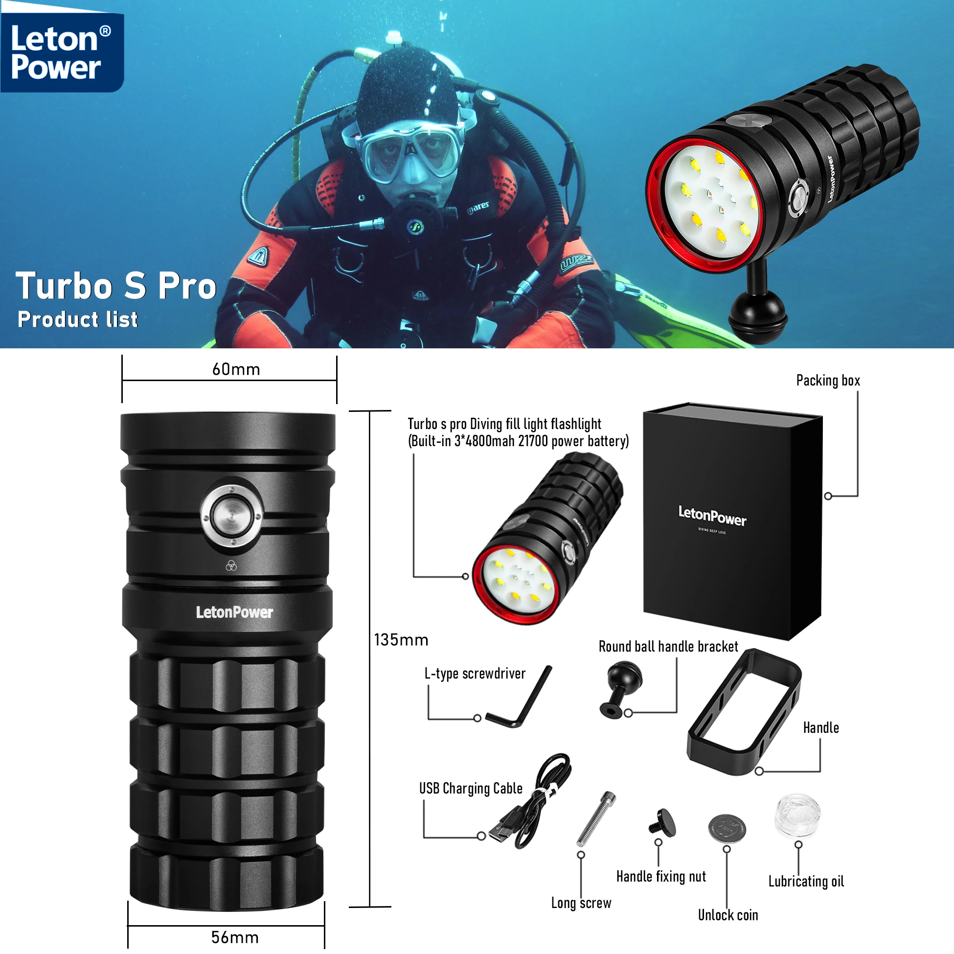 LetonPower Diving Flashlight 25000Lumens underwater flashlight 100m scuba dive light underwater video light Waterproof torch