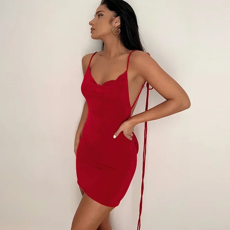 Spaghetti Strap Backless Mini Kleid Für Frauen Robe Sommer Neue Off-schulter Ärmel Bodycon Kurzes Kleid Vestidos