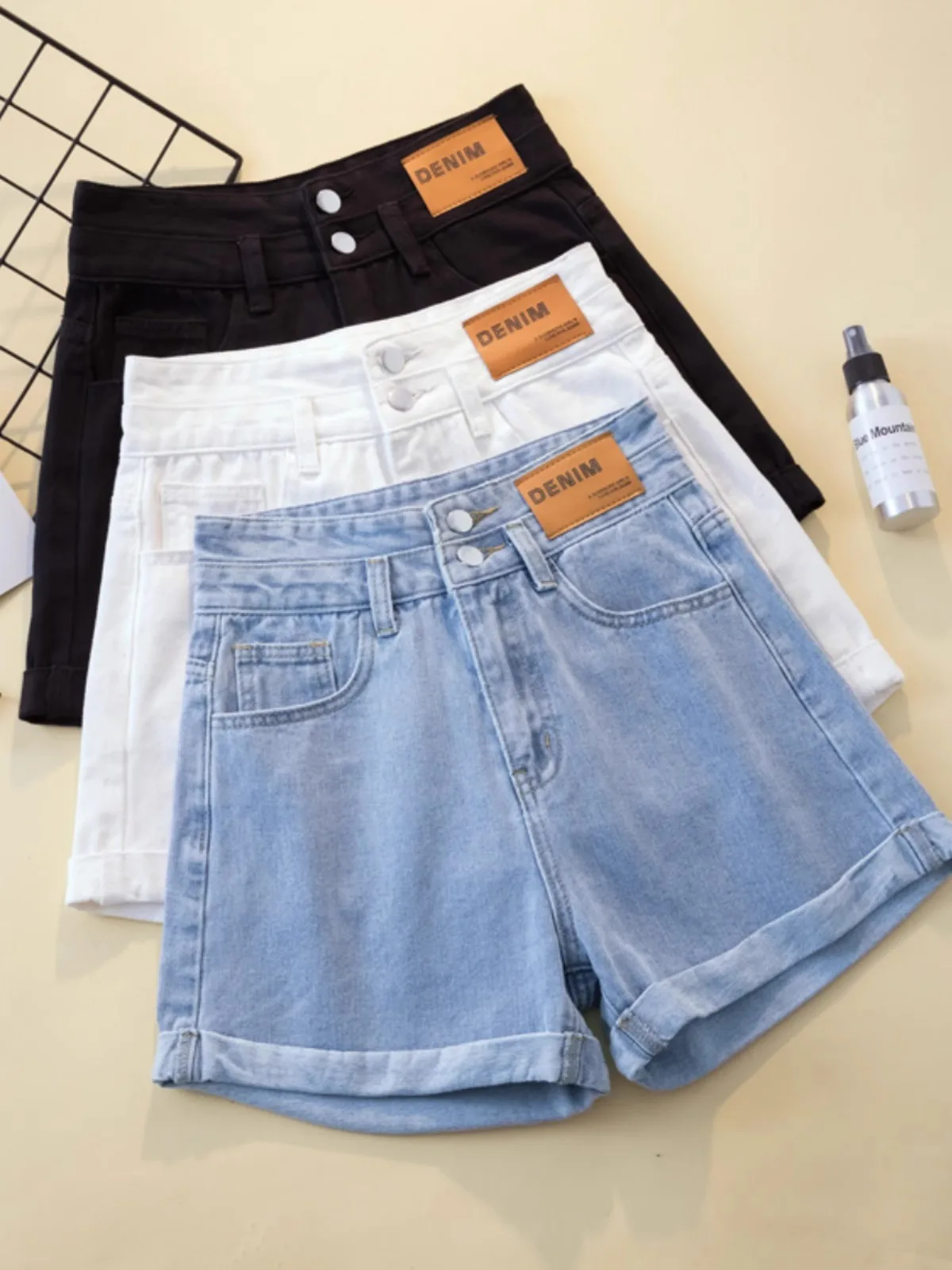 

High Waist Double Buckle Denim Shorts Women's Summer Thin Loose Slimming Small Size A-Line Wide Leg Hot Pants