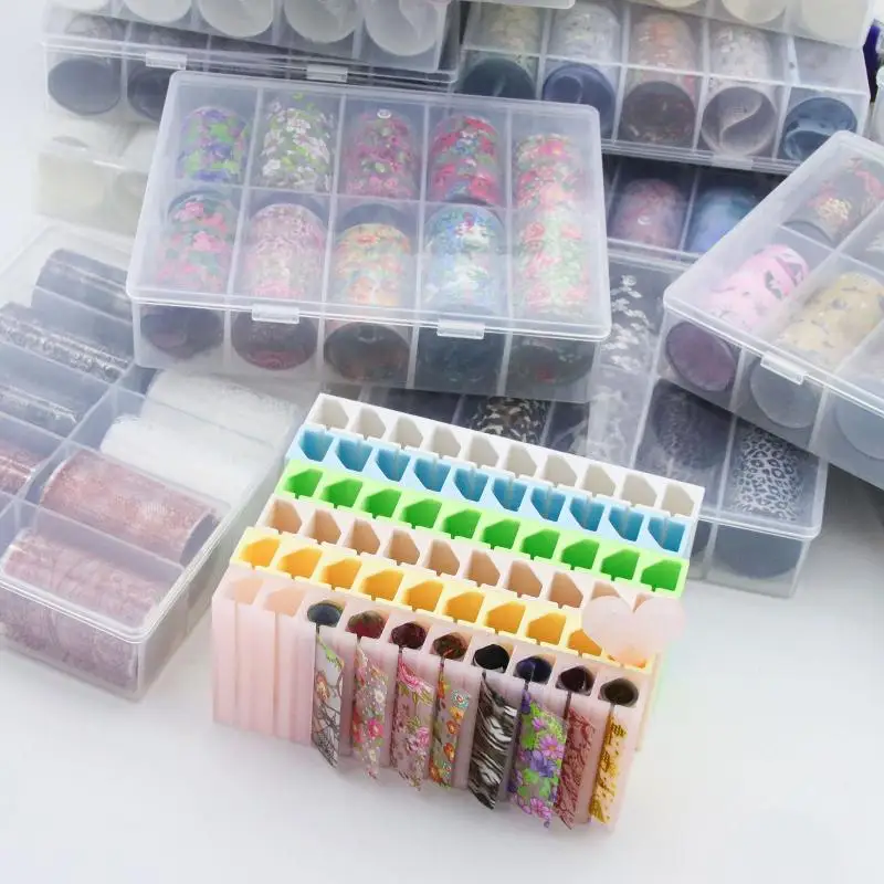 1 Set 10 Grids Macaron Colored Transfer Paper Organizer Nail Foil Storage Box Foil Roll Holder Dustproof Manicure Supplies~