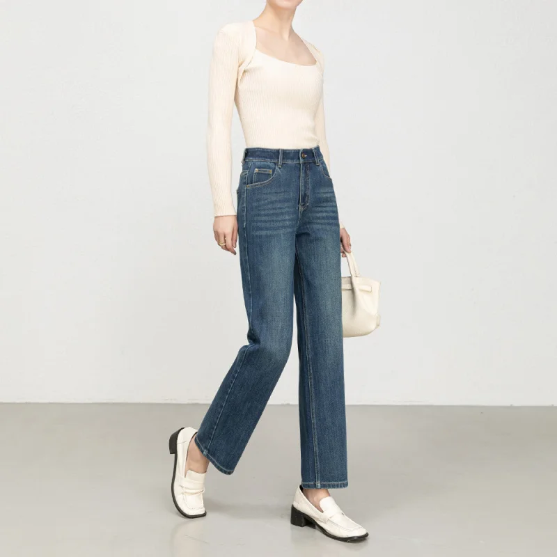 QICHE 2026 Women High Waist Straight Leg Jeans, Back Elastic Waist Slim Fit 9/10 Length Ankle Pants, Versatile Spring Denim
