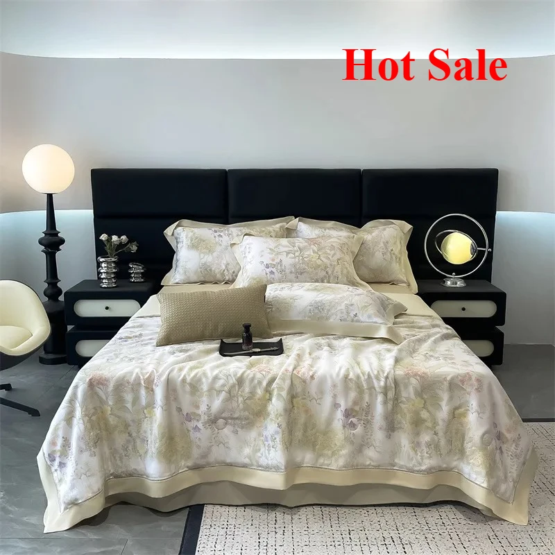 Summer Lyocell Washable Summer Cool Quilt 4-piece Flower Printing Hollow Edge Cool Air Conditioning Quilt Green Pink Grey