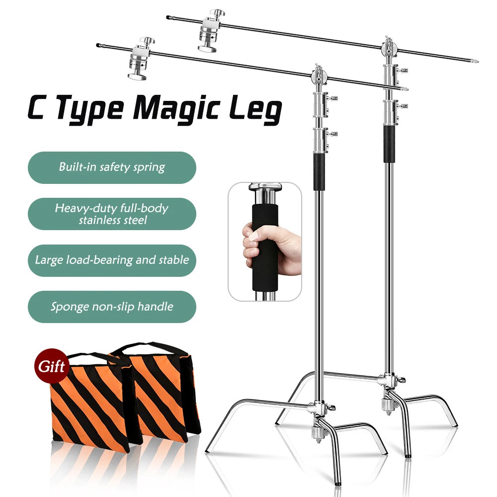 

2PCS C-Type Stand Photography Stand Stainless Steel Boom Arm Grip Head Upgraded Max Height 260cm with One Adjustable Magical Leg