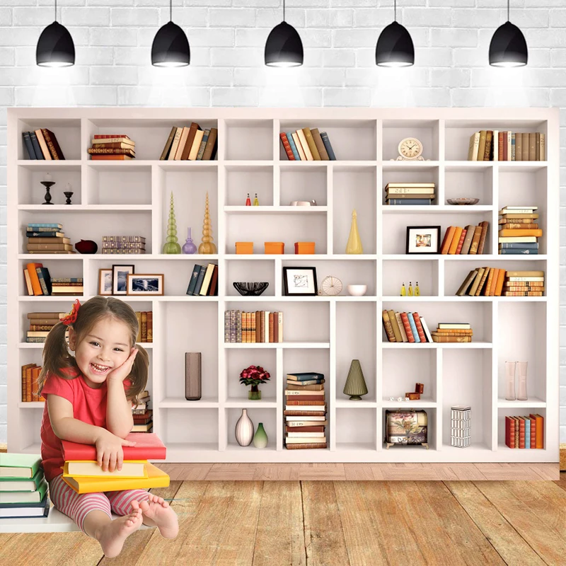 Bookshelf Backdrop for Modern Office Room Meeting Photography Background White Bookcase Cabinet Student Book Library Home Studio