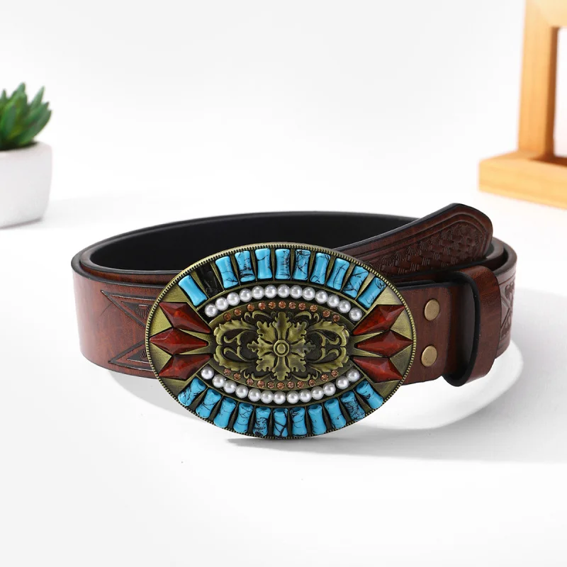 Western  Punk Cowboy Embossed PU Leather Men Belt Fashion Jeans Turquoise Stone Peal Zinc Alloy Buckle Belt For Mens
