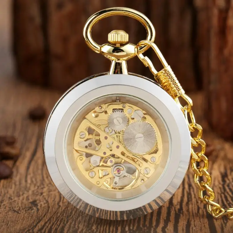 Luxury Yellow Gold Pocket Watch Open Face Design Handwinding Mechanical Watches with Pendant FOB Chain Timepiece