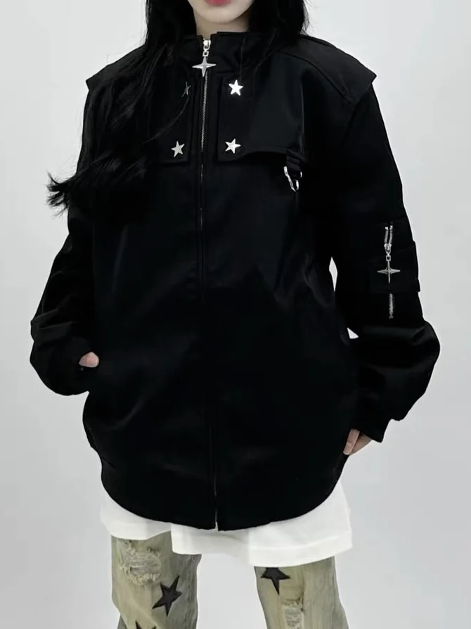 

Detachable American Street Sle Outerwear Loose ex Spring Autumn Flight Jaet for Couples Youth Faion Ox Cloth