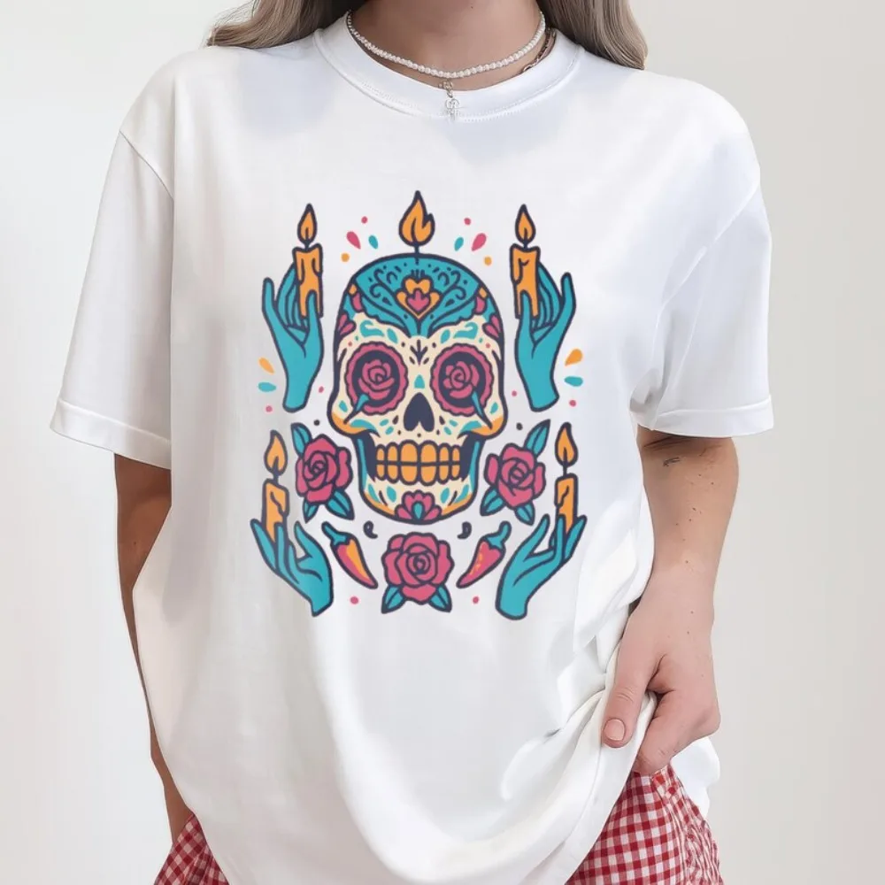 

Day of The Dead Sugar Skull T-Shirt Colorful Mexican Folk Art Graphic Printed Tee Dia De Los Muertos Shirt Women Fashion Tops