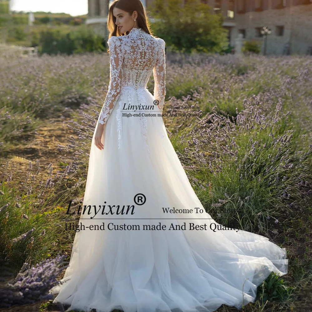 Robes de mariée trapèze à manches longues pour femmes, robes de mariée en dentelle appliquées, personnalisées, col en v, élégantes
