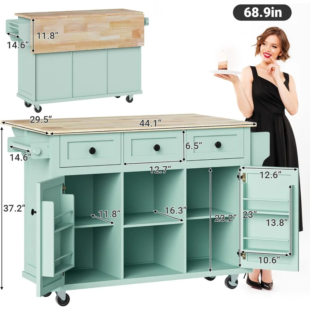 Rolling Kitchen Island with Drawer, Kitchen Island Cart with Storage, 53 Inch Width, Green