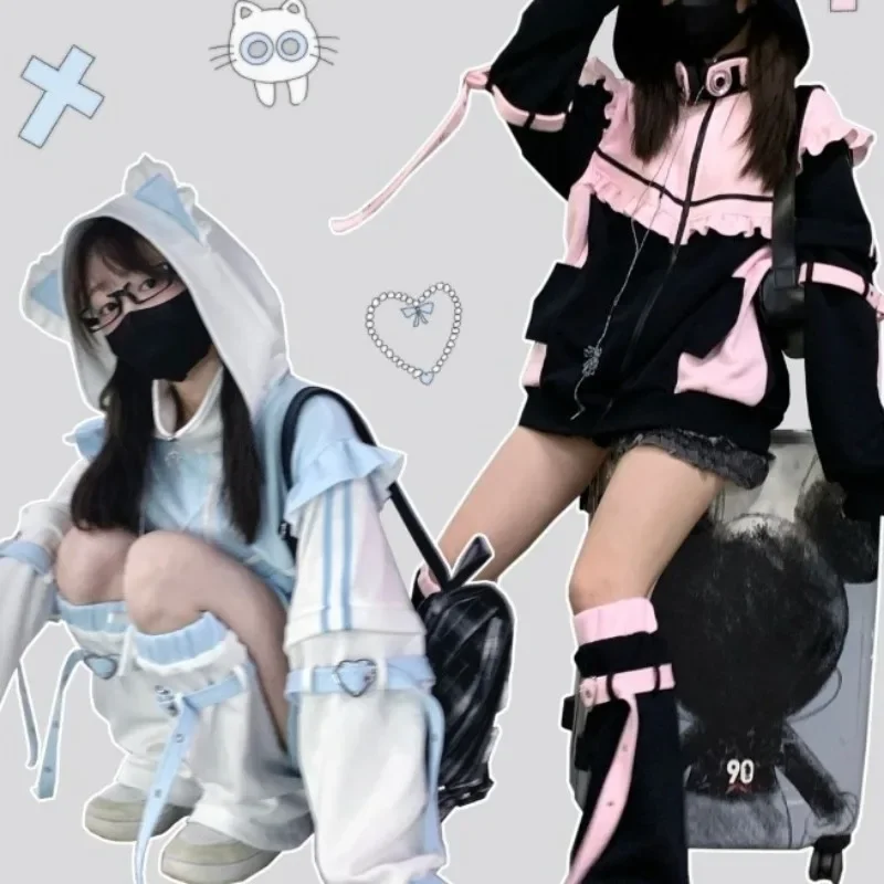 Y2k Gothic Zipper Coat Hooded Women Oversize Fairy Jacket Streetwear 2025 Autumn Outfits Japanese Kawaii Harjuku Chic Sweatshirt