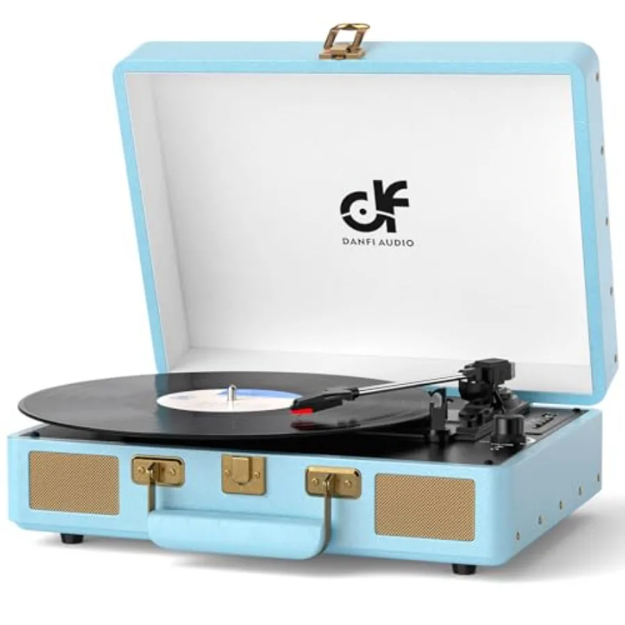 

Vintage 3-Speed Vinyl Record Player Suitcase with Built-in Speakers Wireless Bluetooth Blue LP Turntable Support Auto-Stop RCA/