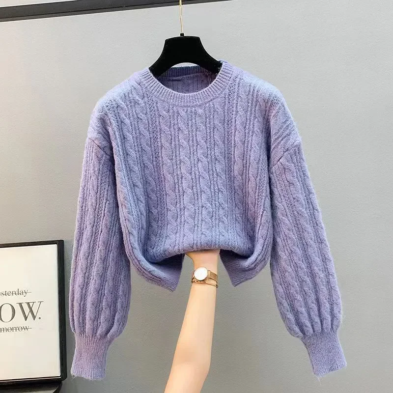 O-Neck Twistsเสื้อกันหนาว2024ฤดูใบไม้ผลิใหม่ฤดูใบไม้ร่วงWesternized Thickenเสื้อกันหนาวและเสื้อกันหนาวแขนยาวหลวมBottomedเสื้อถักเสื้อ