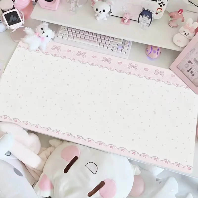 PU Leather Mouse Pad Sweet Pink Girl Strawberry Lace Star Bow Mouse Pad Office Desk Mat Waterproof Non-Slip PU Desk Blotter Pad