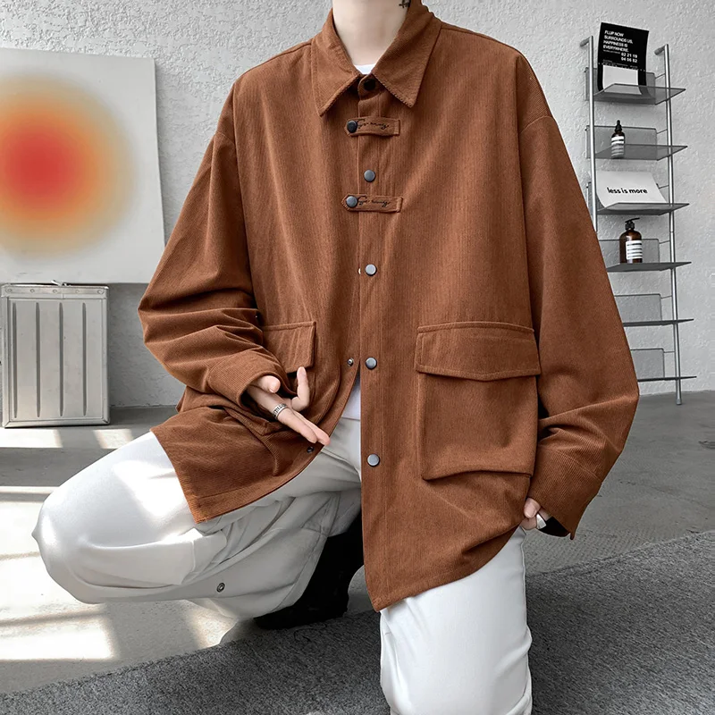 Corduroy Shirt Men Casual Turn Down Button Long Sleeve Shirts Streetwear Leisure Luxury Clothing Chemise Homme