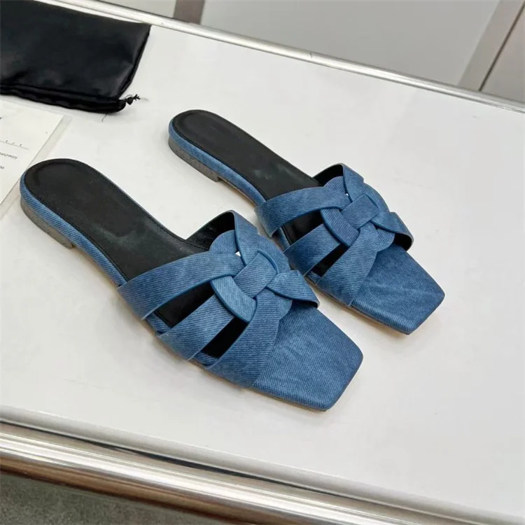 Square Toe Flat Slippers Women Summer Leather Comfy Shoes Female Dress Slides Outfit Party Casual Zapatos