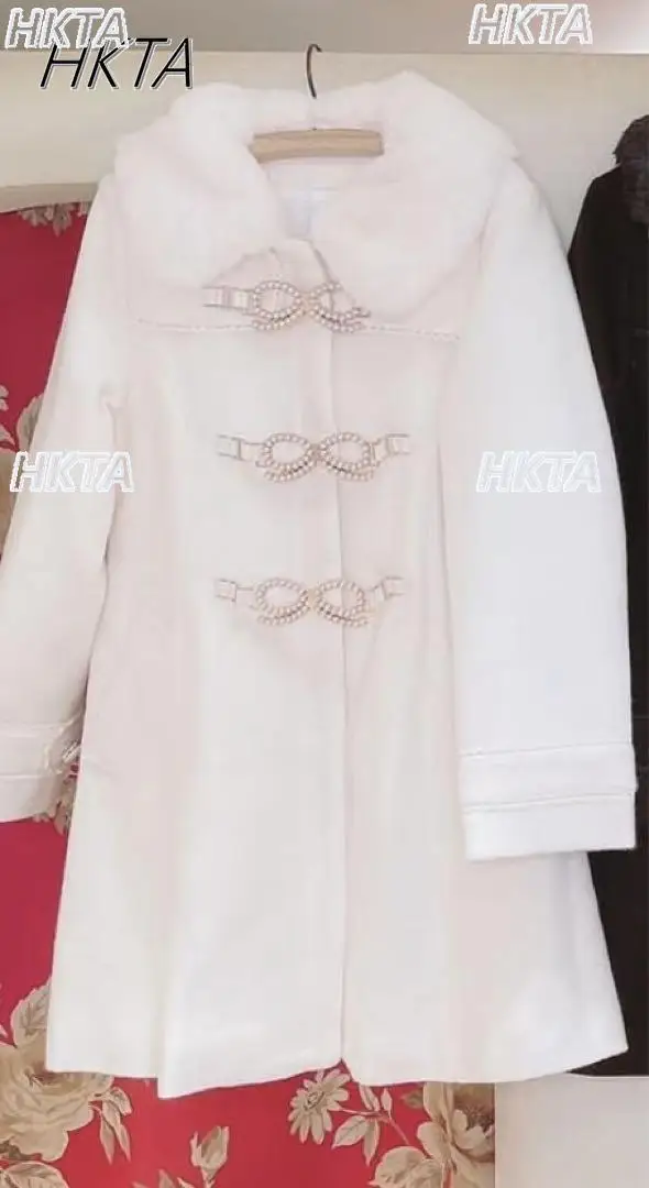 

2025 Winter New Cute Commuter Pearl Bow Long Woolen Coat Thick Coats Women Sweet Warm Loose White Cashmere Jackets Female