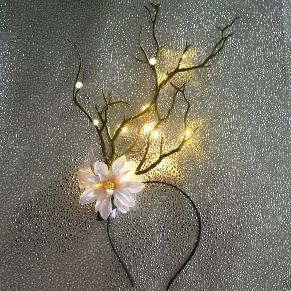 Women Girl Flashing Light Up Deer Antler Flower Headbands Long Branches Horns Forest Goddess Halloween Christmas Festival