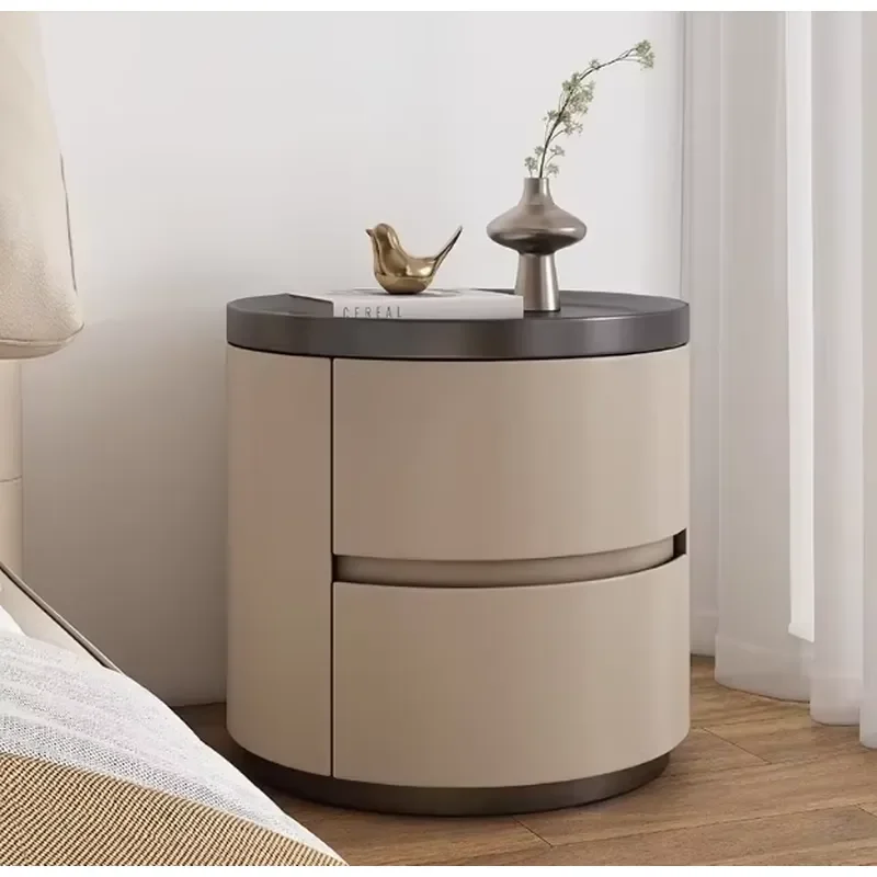 Round Bedside Table, Italian Minimalist Light Rock Plate, High-end Simple Modern Solid Wood Bedroom Storage