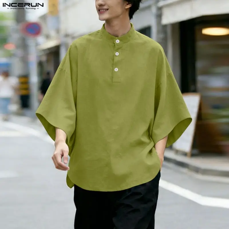 Men's Shirt Solid Color Stand Collar 3/4 Sleeve Menswear Clothing Streetwear Loose Tops Stylish Casual Shirts For Man INCERUN