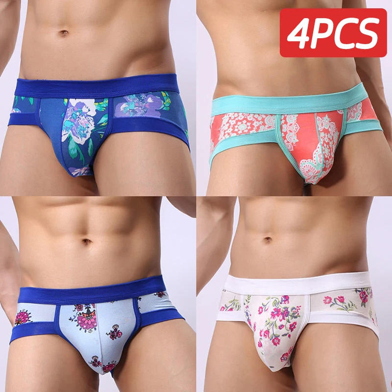 

4 Pcies/Set Underwear Men's Briefs Men's Mid-Waist Breathable Comfortable Underwear Youth Fashionable Printed Sexy Underwear