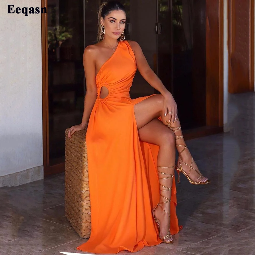 

Eeqasn Simple Orange Formal Evening Dresses One Shoulder Side Slit Dubai Celebrity Gowns Cut-out Women Wedding Party Prom Dress