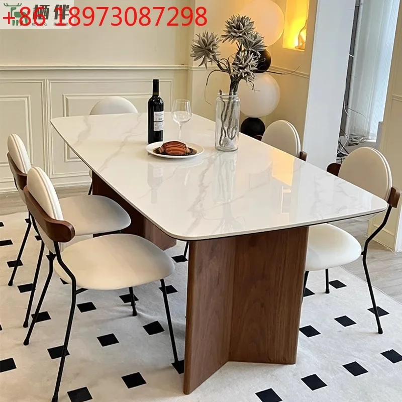 French retro slate solid wood dining table and chair combination rectangular wabi-sabi style small apartment dining table