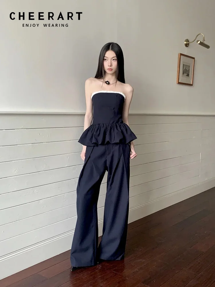 

CHEERART Office Wear 2 Piece Pant Sets Summer Outfit Peplum Straples Tube Top And Pant Set 2025 Matching Sets Outfits