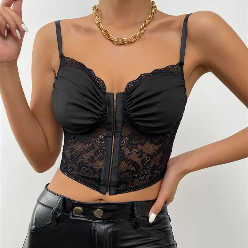 Lace Sweetheart Pleated Cropped Sleeveless Tank Tops Summer Female Strap Slim Fit Camisole Summer Ladies Crop Top Corset