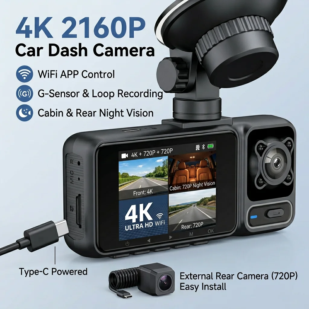 4K 2160P Dash Cam 3 Lens WiFi Car DVR Front Inside Rear Triple Camera 720P Video Recorder G-sensor 24H Parking Monitor Black Box