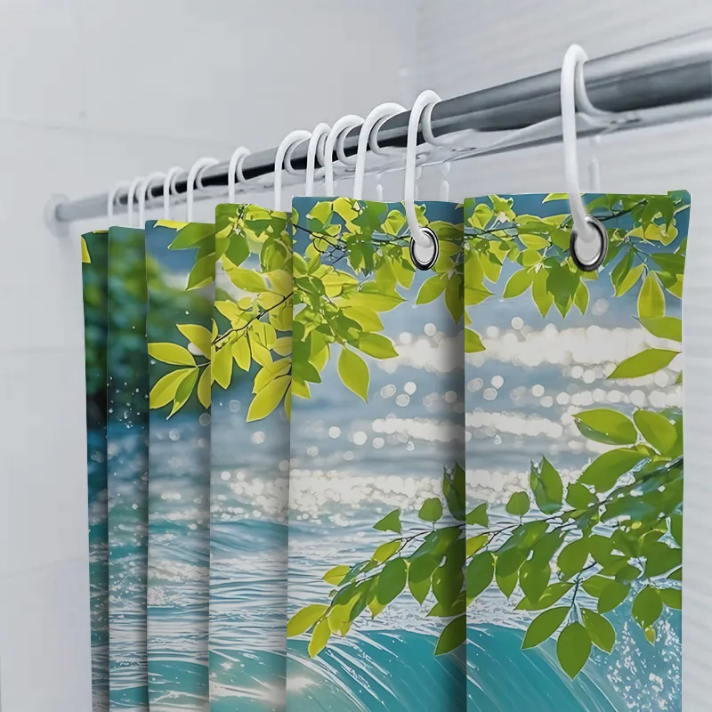 Fresh Waterfall and Green Leaves Shower Curtain for Bathroom - Nature Scene Decorative Waterproof Durable  Rustproof Hooks‌