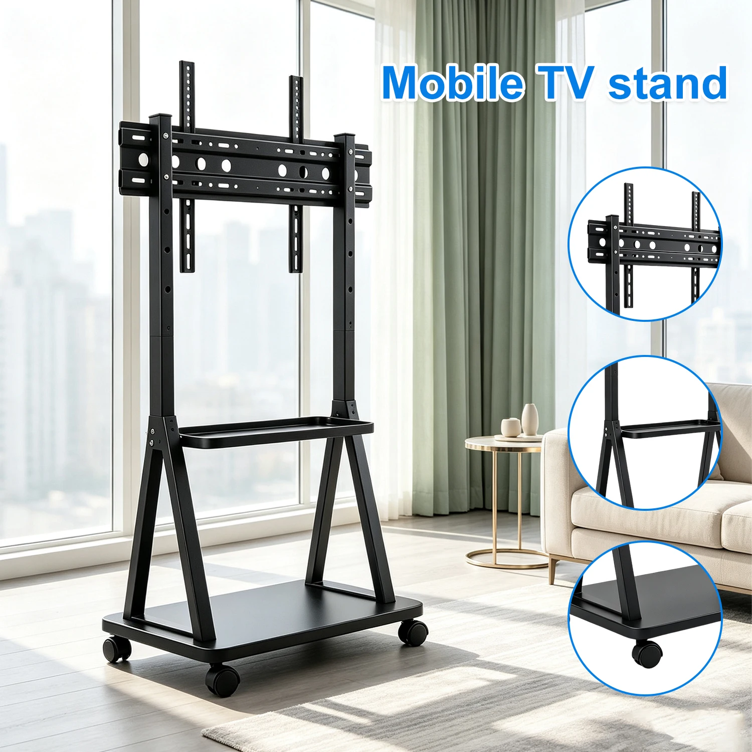 Mobiler TV-Ständer auf Rollen für 32-75 Zoll Fernseher, höhenverstellbarer TV-Ständer mit Rollen und 2 Ablagefächern, maximale Traglast 200 lb, VESA 100x100-600x400, schwarzer TV-Ständer auf Rollen