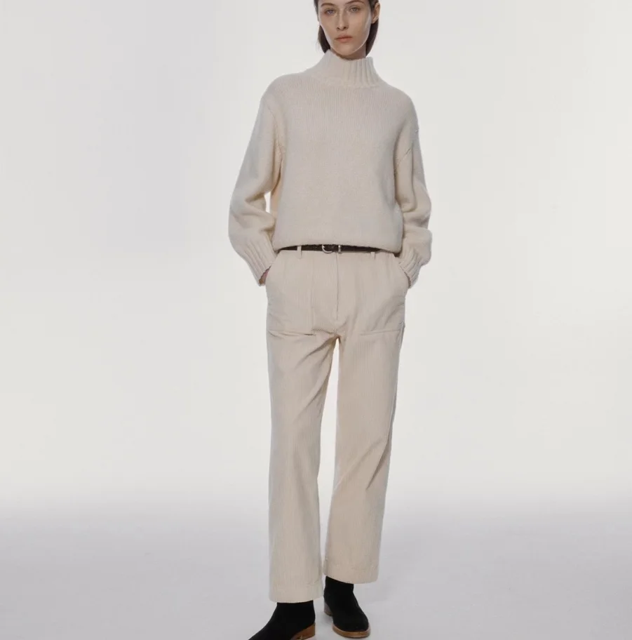 Thiened pantalones casuales sueltos de pierna recta de pana Retro para mujer otoño 2025 l cintura todo fósforo Sle pantalones de mujer