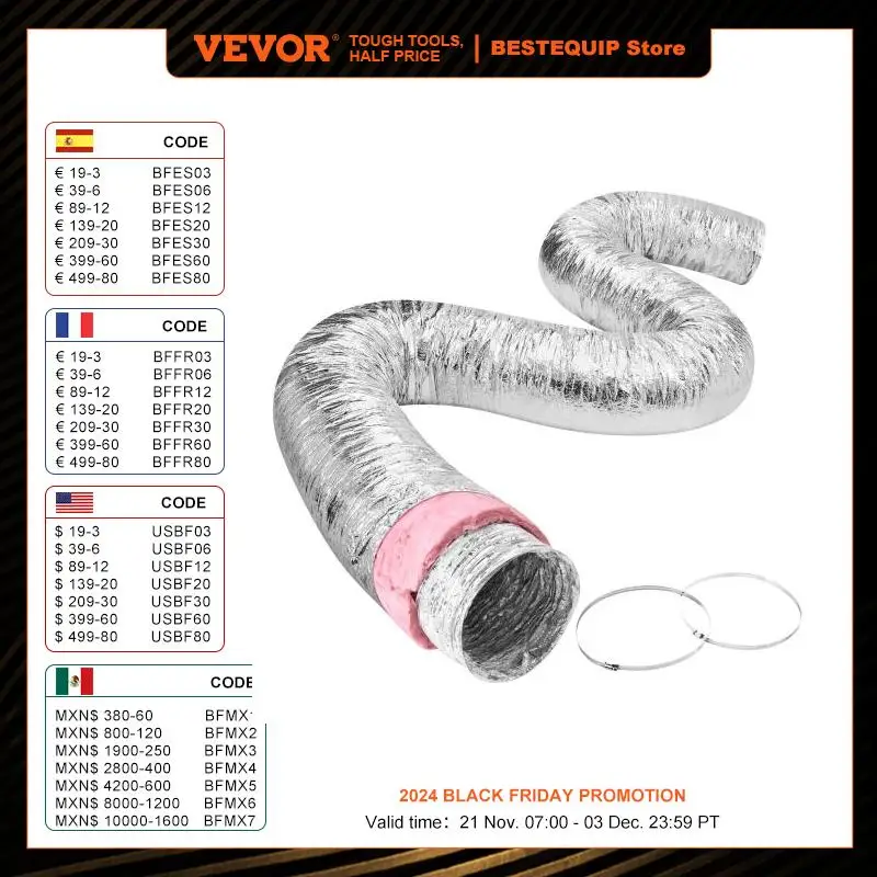 VEVOR Dryer Vent Hose Insulated Flexible Duct Heavy-Duty Three Layer Protection for HVAC Heating Cooling Ventilation and Exhaust