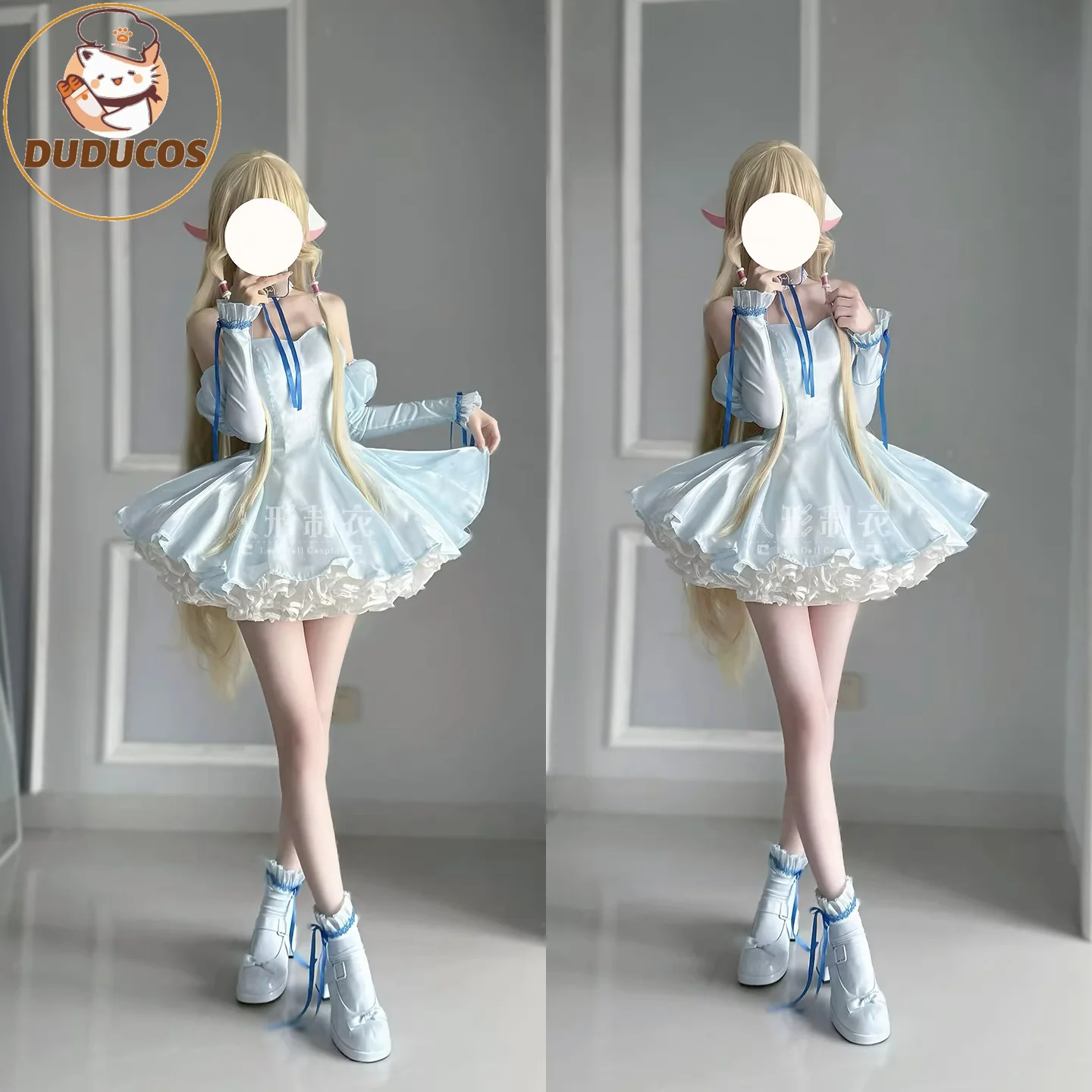 Disfraz de Chi Cosplay Anime Chobits DUDU-SR mujer azul lindo vestido Chobits Chi disfraz Cosplay gargantilla