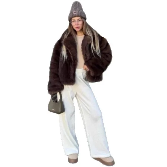 KIDCRKJ 2025 Winter Women's Eco Fur Jacket Fluffy Short Loose Lady's Artificial Fur Jacket Long Hair Plush Female Mink Fur Coat